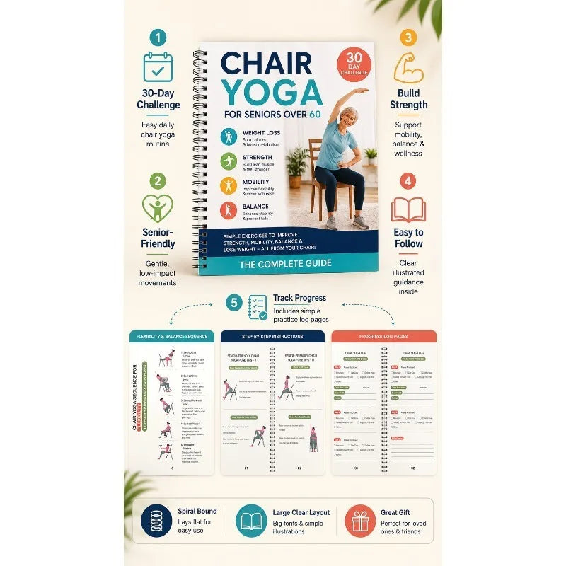 30 Day Chair Yoga Training Guide Book, Gentle Sitting Workout Plan for Seniors Elderly People over 60, Improve Body Strength Bal